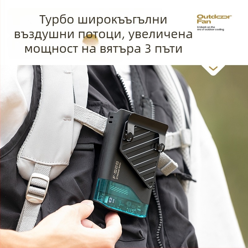 Носим вентилатор за шия и талия с безлопатен турбовентилатор, 3 скорости, сменяема батерия 300–500 mAh, работа 3–6 ч, шум до 36 dB