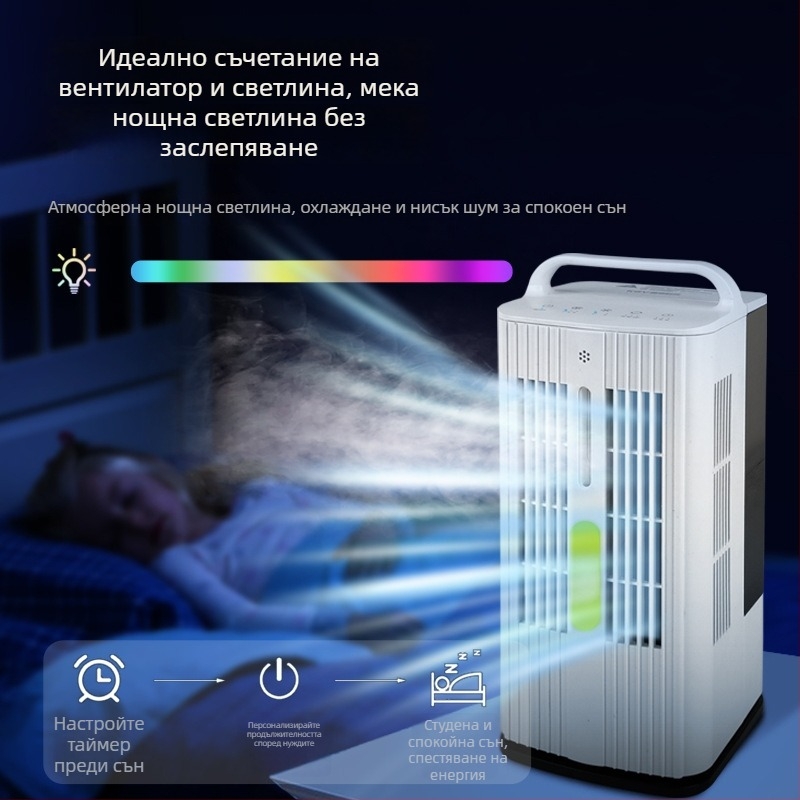 Портативен вентилатор с ледена мъгла, настолен, AC захранване 240V, 35W, шум <36 dB, воден резервоар 1.0–2.5 л