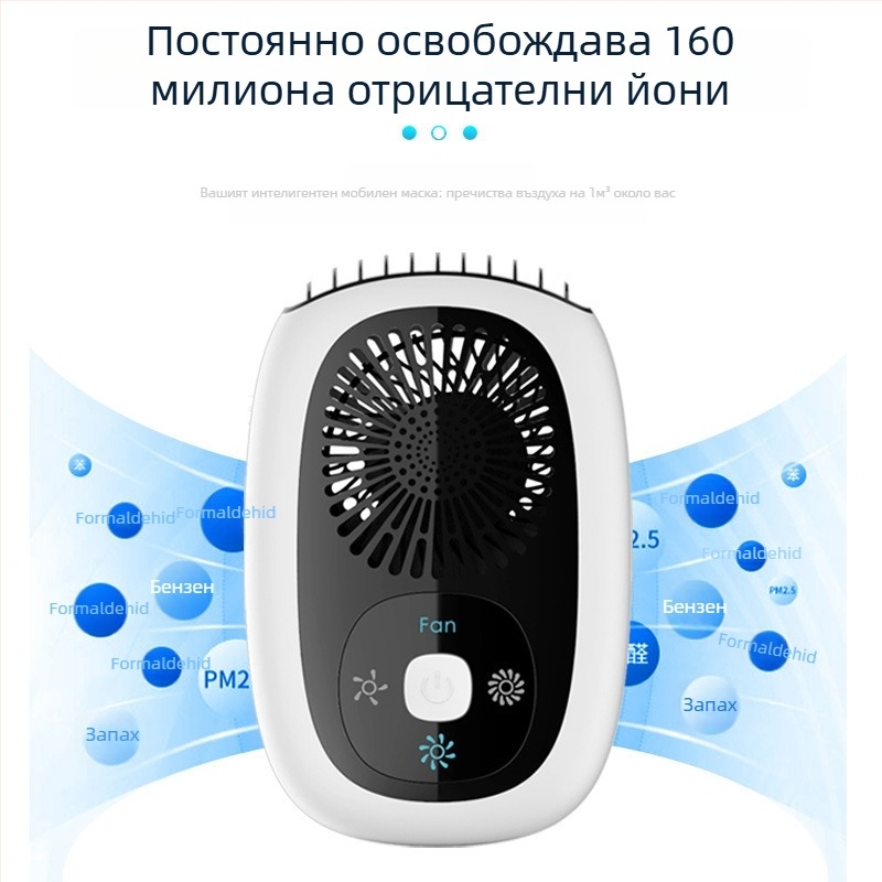 Безлопатен вентилатор за врата с отрицателни йони, компактен USB преносим пречиствател на въздуха, 3 скорости, вградена батерия 2000–4000 мАн, безчетков двигател