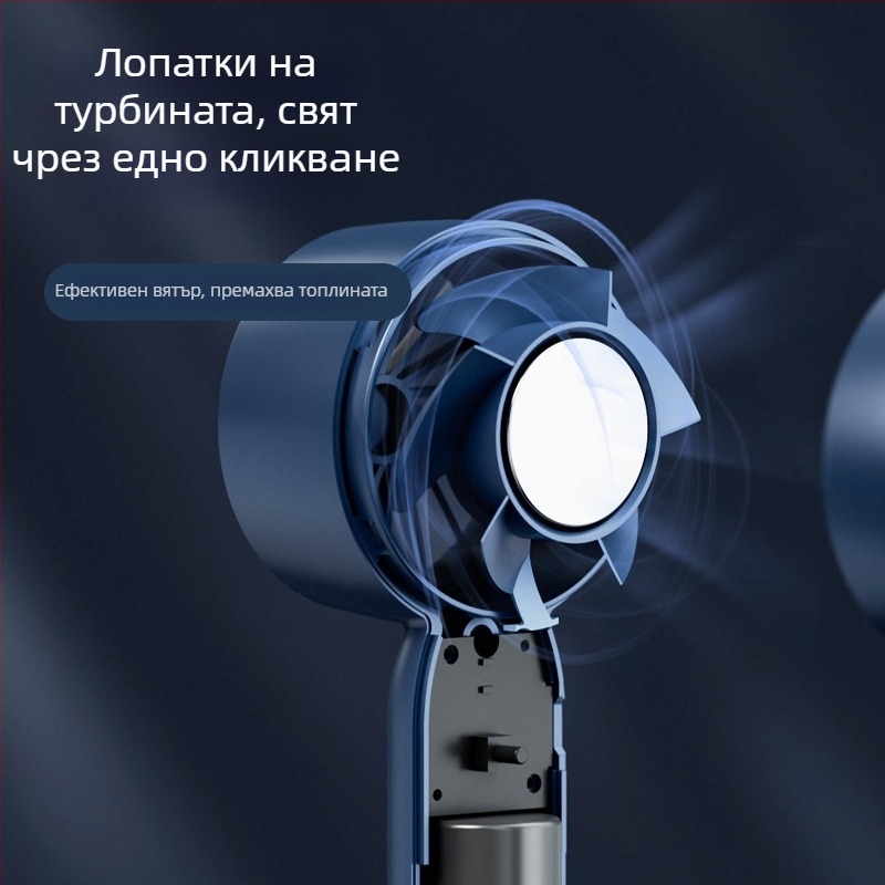 Ръчен USB зареждан вентилатор без лопатки, компактно настолно устройство, вградена батерия 500–800 mAh, 3 скорости, шум под 36 dB
