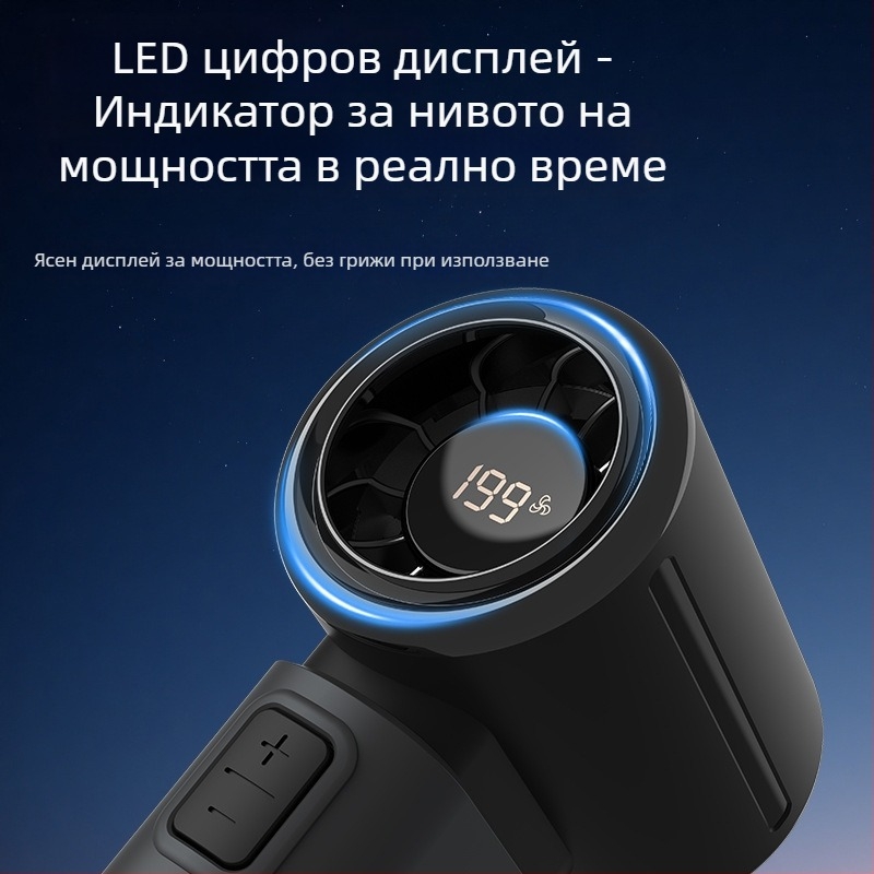 Ръчен вентилатор с вградена батерия 2000–4000 мАн, USB зареждане, 5 скорости, тих до 36 dB, безчетков мотор, компактно джобно устройство за навън