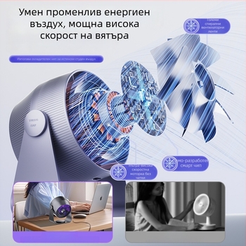 Настолен вентилатор за циркулация със 100-стъпков цифров дисплей, USB захранване, вградена батерия 2000–4000 mAh, безчетков двигател, три скорости