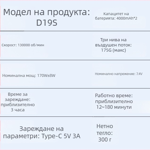 D19S ръчна външна въздуходувка, презареждаща се литиево-йонна батерия, 12V, серия D19S