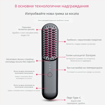Безжично устройство за изправяне и къдрене на коса с отрицателни йони, керамичен нагревател, 30 W, 220 V, 3-степенно управление на температурата, двоен режим: изправяне и къдрене