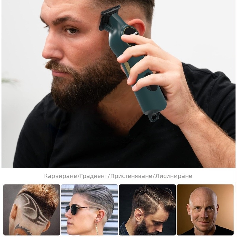 Фризьорски подстригвач с цифров дисплей, презареждаем, с двигател с четки и ножове от неръждаема стомана, вградена батерия