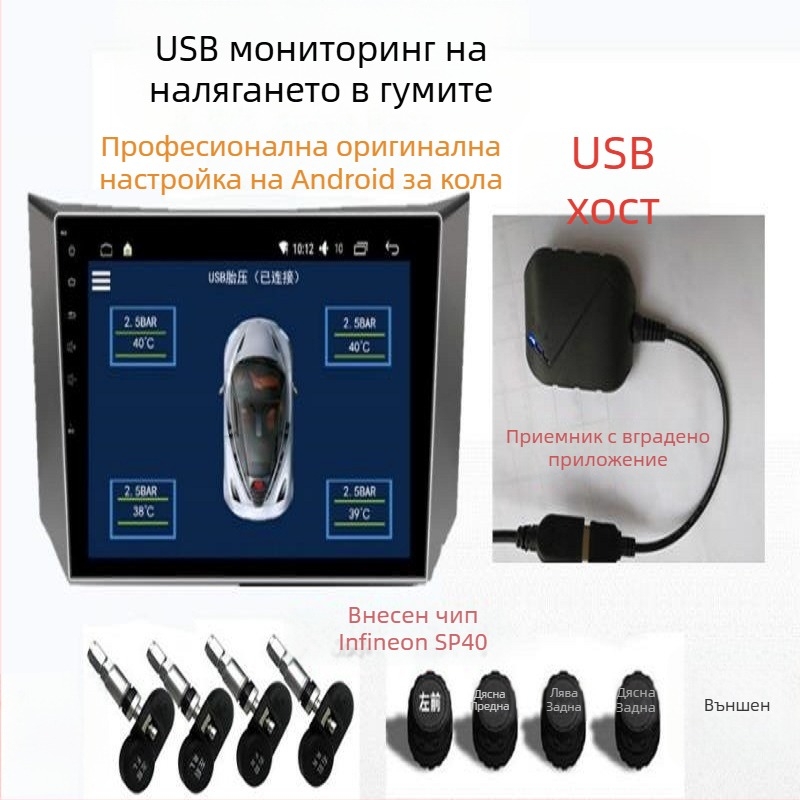 TPMS USB автомобилна система за мониторинг на налягането в гумите с Android навигация, безжичен монитор и вграден датчик за налягане