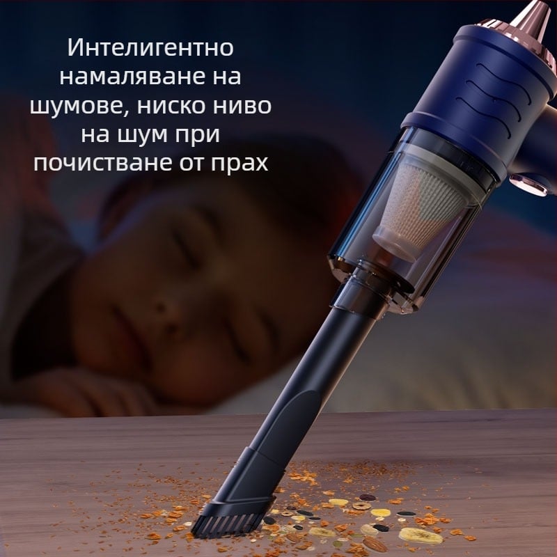 Домашна безжична прахосмукачка, ръчна и настолна, мокро и сухо почистване, лека и компактна, засмукване ≥25 kPa, вградена батерия 501–800 mAh, автономия 3–6 ч