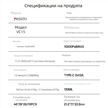 Yesido безжична всичко‑в‑едно прахосмукачка, ръчна, с мощно всмукване, за дома и автомобила, 2‑в‑1 прахосмукачка и моп