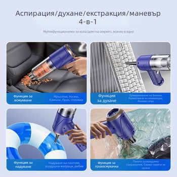 Безжичен вакуум за автомобил и дом — макс всмукване 12000 Pa, вградена батерия (6–8 ч), USB захранване, шум ≤36 dB
