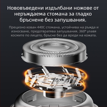 Електрическа самобръсначка – преносима неръждаема стомана, мини магнитна, въртяща мултиглавна глава (4+), безчетков мотор, вградена батерия 300–500 mAh, до 65 минути работа, миеща се