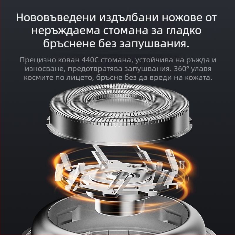 Електрическа самобръсначка – преносима неръждаема стомана, мини магнитна, въртяща мултиглавна глава (4+), безчетков мотор, вградена батерия 300–500 mAh, до 65 минути работа, миеща се