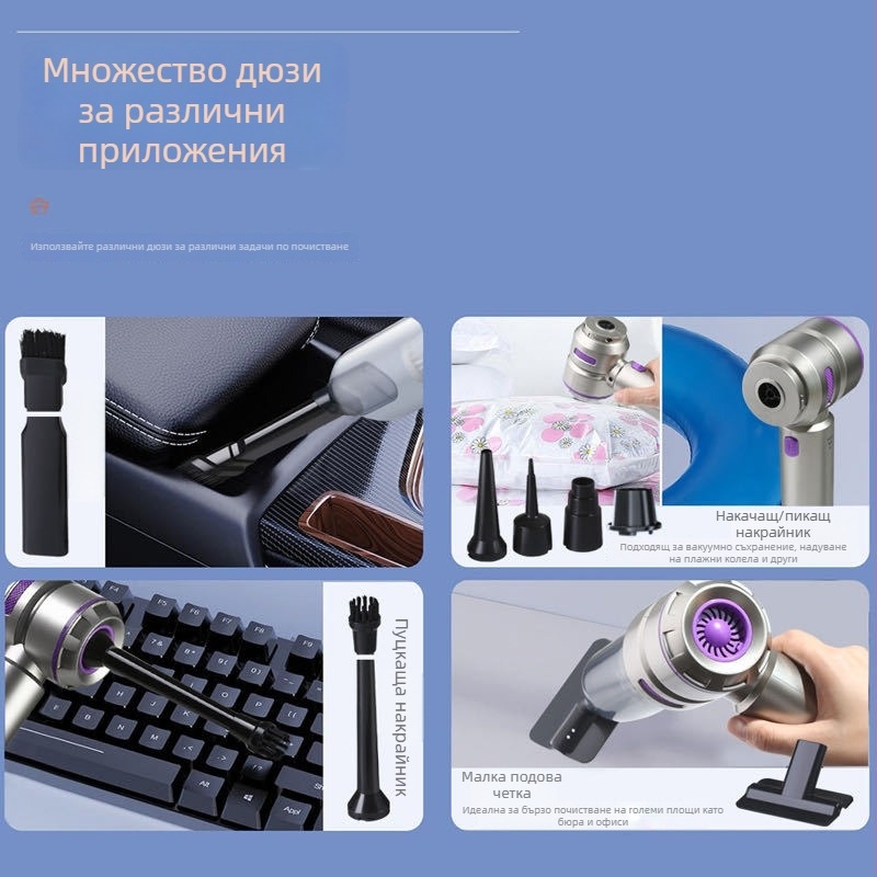 Безжична ръчна прахосмукачка за автомобил с безчетков мотор, всмукване 20000 Па, презареждаема батерия 7.4V/90W, тегло 610 г