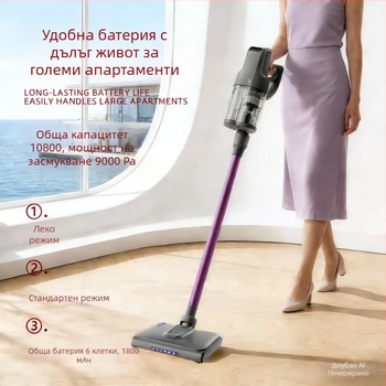 Безжичен ръчен вакуум за автомобил със сухо и мокро почистване, 140W макс. всмукване, вградена батерия 4000–5000mAh и осветление