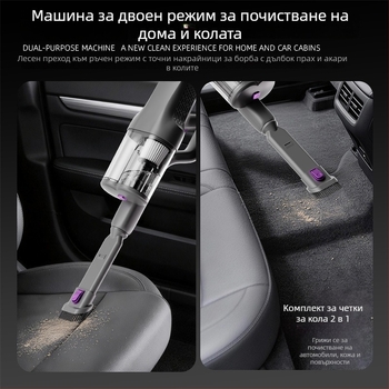 Безжичен ръчен вакуум за автомобил със сухо и мокро почистване, 140W макс. всмукване, вградена батерия 4000–5000mAh и осветление