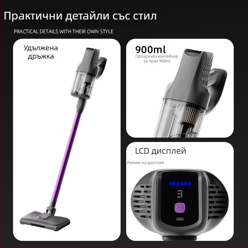 Безжичен ръчен вакуум за автомобил със сухо и мокро почистване, 140W макс. всмукване, вградена батерия 4000–5000mAh и осветление