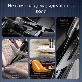 Ръчен безжичен автомобилен вакуум – многофункционален, всмукване и духане; максимална мощност 35W, напрежение 3.7V, презареждаем, около 5 минути работа, HEPA филтър, миещ се филтър за прах