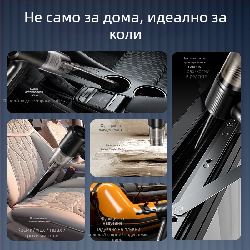 Ръчен безжичен автомобилен вакуум – многофункционален, всмукване и духане; максимална мощност 35W, напрежение 3.7V, презареждаем, около 5 минути работа, HEPA филтър, миещ се филтър за прах