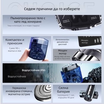 Konka електрическа самобръсначка с LED дисплей, прозрачен преносим дизайн, роторна глава с две ножчета, плаваща глава, вградена батерия, безчетков мотор