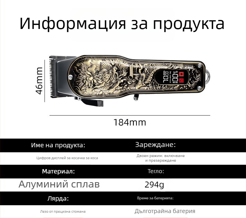 Комплект за подстригване на коса с презареждащ се четков мотор, алуминиев корпус със спрей покритие, вградена батерия 1000–1200 mAh, време за работа 1–3 ч, нисък шум до 36 dB.