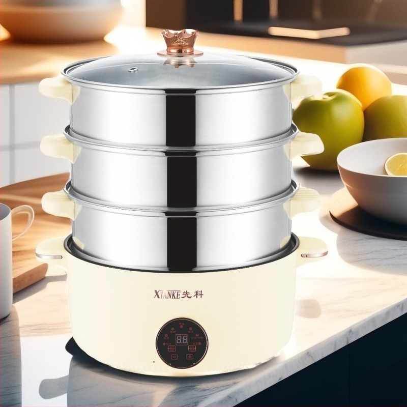 Електрическа пароварка от неръждаема стомана, 3‑слойна, 1350W, 220V/50Hz, капацитет под 6 л, вътрешен съд с незалепващо покритие, всичко в едно за пара и задушаване