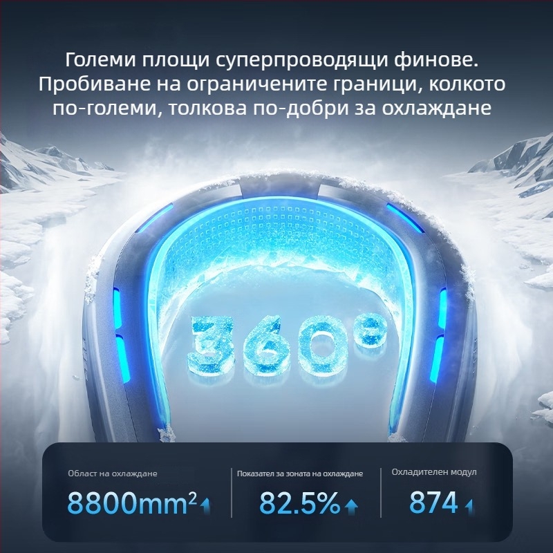 Вентилатор за шията с ледено охлаждане, вградена батерия 4000–6000 mAh, време на работа 6–8 ч, 3 скорости, безчетков мотор