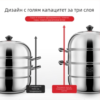 3-етажна пароварка от неръждаема стомана 304, индукционна съвместимост, двойно дъно, за пара на ориз и риба