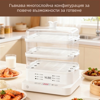 Електрическа пароварка – Голям капацитет, 3 или повече слоя, 10 л и повече, бутонно управление, вътрешен съд от PC, подходяща за 2–3 души