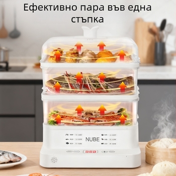 Електрическа пароварка – Голям капацитет, 3 или повече слоя, 10 л и повече, бутонно управление, вътрешен съд от PC, подходяща за 2–3 души