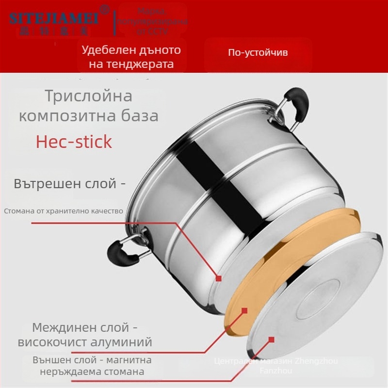 Параварка от неръждаема стомана с три слоя, усилено дъно, непригарящо покритие и капак от неръждаема стомана, съвместима с всички печки