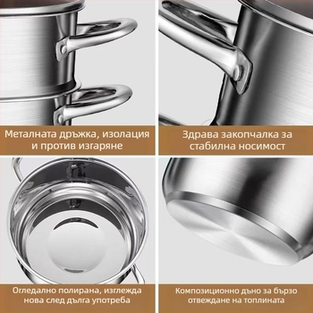 Дву-слоен пароварник за супи, от 410 неръждаема стомана, стъклен капак, дълбочина 12 см, подходящ за стандартен котлон