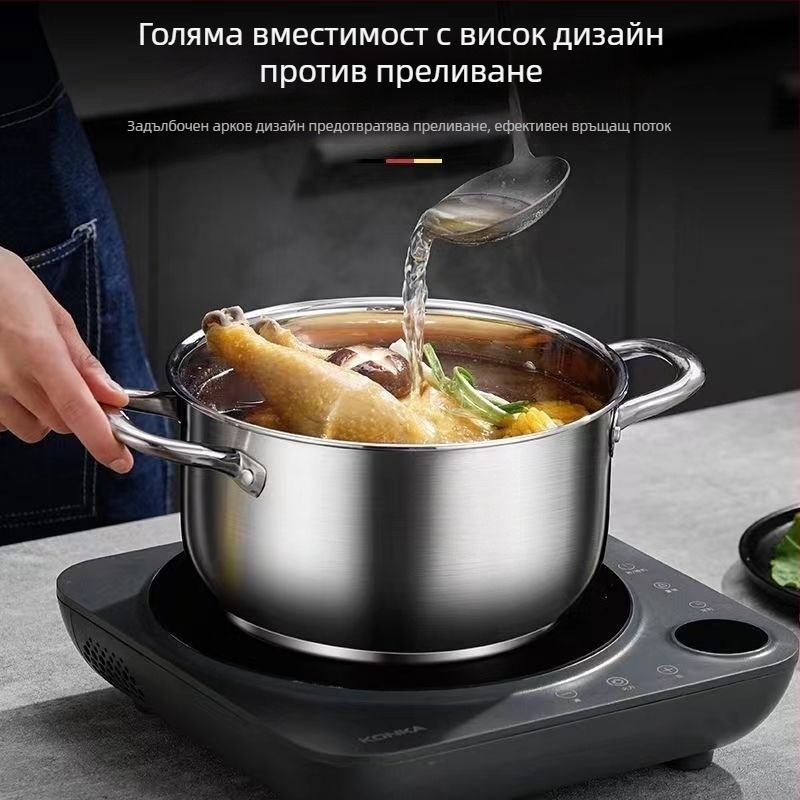 Дву-слоен пароварник за супи, от 410 неръждаема стомана, стъклен капак, дълбочина 12 см, подходящ за стандартен котлон