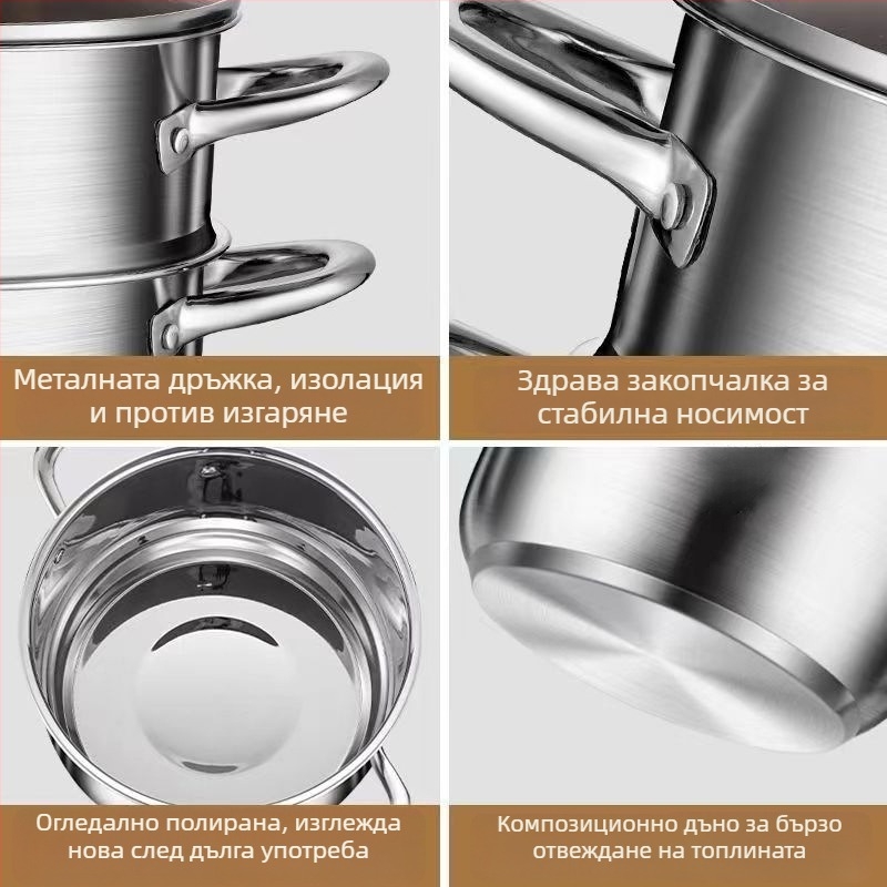 Дву-слоен пароварник за супи, от 410 неръждаема стомана, стъклен капак, дълбочина 12 см, подходящ за стандартен котлон