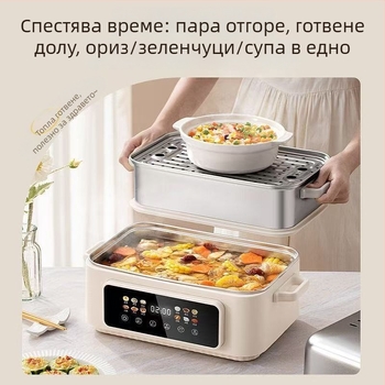Електрическа пароварка с три слоя, капацитет над 10 л, вътрешна облицовка от 304 неръждаема стомана, микрокомпютърно управление, 1500W при 220V/50Hz