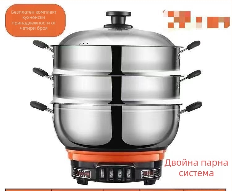 Електрическа тенджера за готвене с пароварка, корпус от неръждаема стомана, капацитет 5–6 л, мощност 500–2100 W, бутонно управление, защита против пресъхване