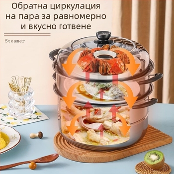 Удебелен пароварник от неръждаема стомана с две до три нива, серия 400, съвместим с индукционни и газови печки, стоманен капак.