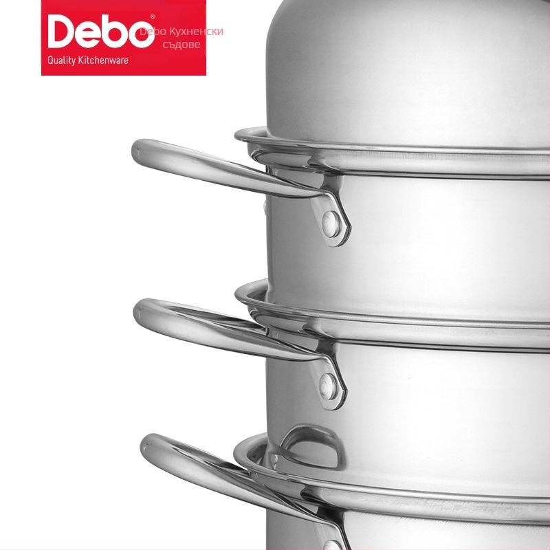 Пароварка с три нива от неръждаема стомана, двойно дъно, съвместима с индукционни и газови печки