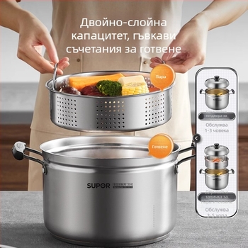 Тиган за пара от 304 неръждаема стомана, трислойно дъно, капак от неръждаема стомана с закалено стъкло, съвместим с газови и индукционни печки