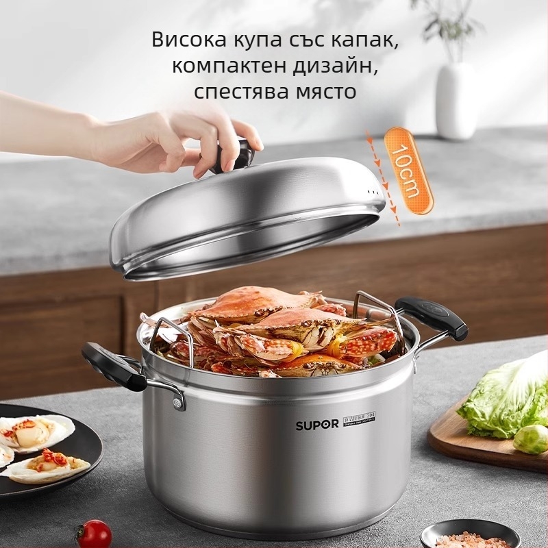 Тиган за пара от 304 неръждаема стомана, трислойно дъно, капак от неръждаема стомана с закалено стъкло, съвместим с газови и индукционни печки