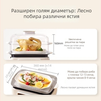 Електрически пароварник със съд от титиева сплав, свалящ се и миещ се, капацитет 10 л и повече, система с повече от три нива пара, загрява за под 4 минути