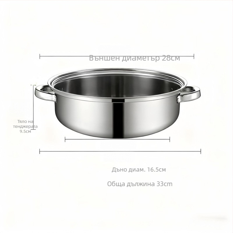 Паровар от неръждаема стомана, трислоен, голям капацитет, със стъклен капак, съвместим с индукционни котлони