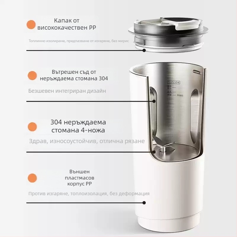 Преносима машина за соево мляко с стъклен корпус, мощност 300 W, капацитет под 1 л, управление с докосване.