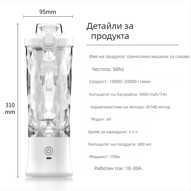 Сокоизстисквачка и блендер за лед, 600-800 ml капацитет, 150W мотор, вградена батерия, до 22,000 rpm, автоматично почистване