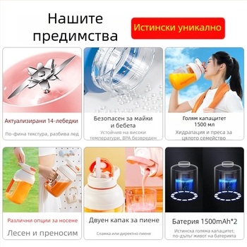 Портативна сокоизстисквачка за дома – безжично зареждане, мощност 150W, скорост до 20000 RPM, капацитет до 400 mL, центрифугална система