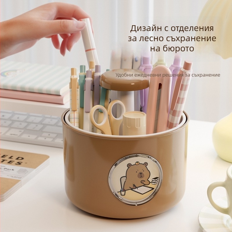 Jw2110 Въртящ се държач за писалки с четири отделения - кръгла форма, ABS външен корпус; PP вътрешен цилиндър; PS прозрачен лист
