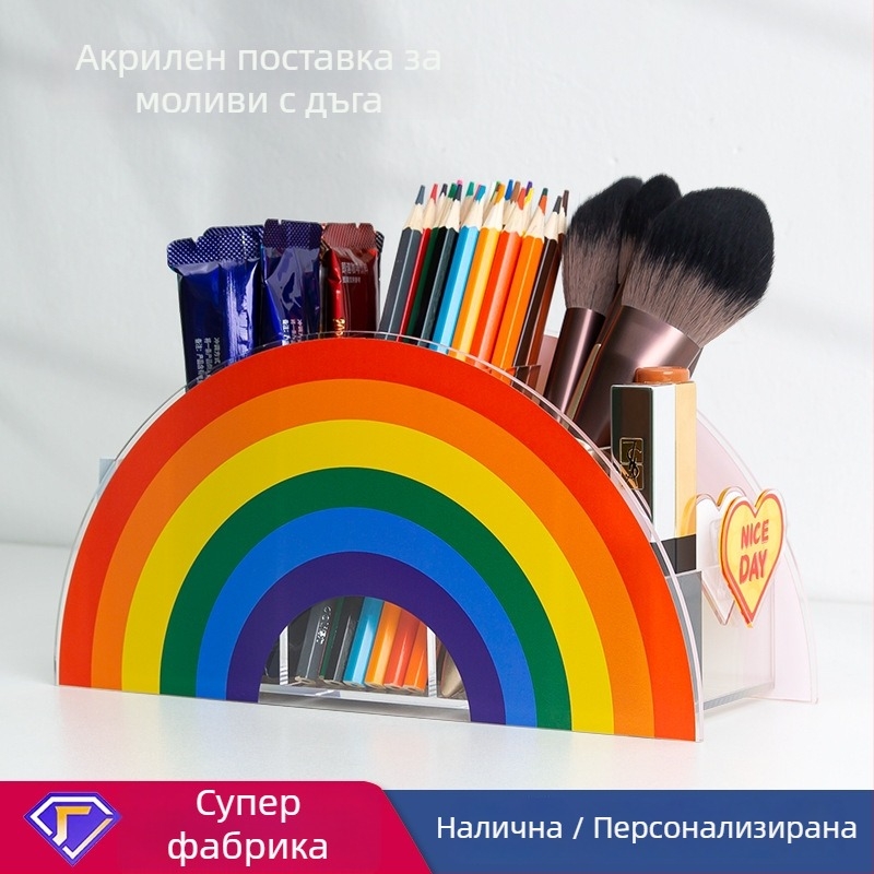 Дъговиден акрилен държач за моливи, настолен органайзер с карикатурен дизайн, модел BT-02, персонализируемо лого, възможност за персонализация, частен етикет наличен