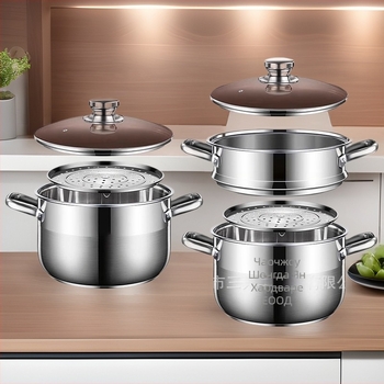 Двуетажна пароварка от 201 неръждаема стомана, с вграден паров съд, стъклен капак, многослоено dъно, подходяща за индукционни и газови плотове