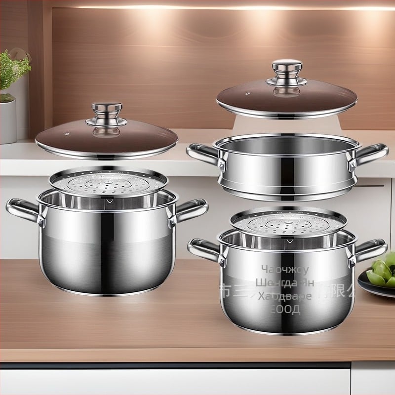 Двуетажна пароварка от 201 неръждаема стомана, с вграден паров съд, стъклен капак, многослоено dъно, подходяща за индукционни и газови плотове