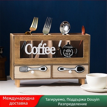 Десктоп кутия за съхранение с отделения и чекмеджета — дървена, печатен дизайн, японски стил