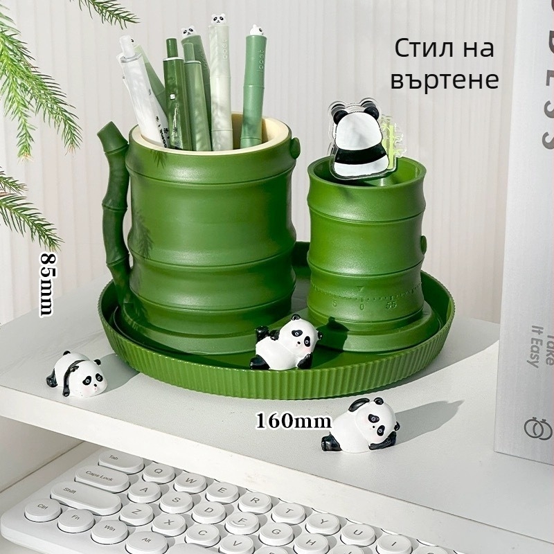 Поставка за писалка Panda Bamboo с въртене на 360° за бюро - пластмасов триъгълен организатор