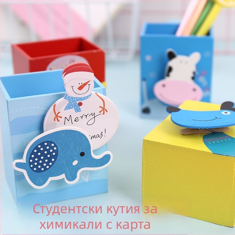 Дървен държач за писалки с животински мотиви, квадратна форма, модел A182, Meow Ear, органайзор за бюро